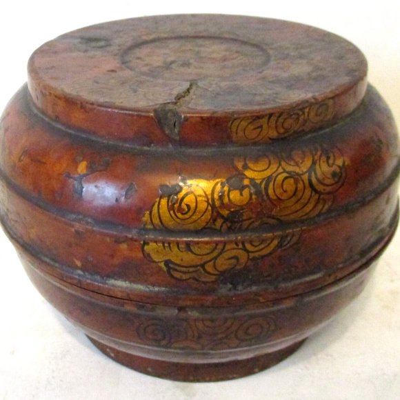 Antique Chinese Hand Painted and Carved Wood Dragon in Clouds Rice Bowl with Lid